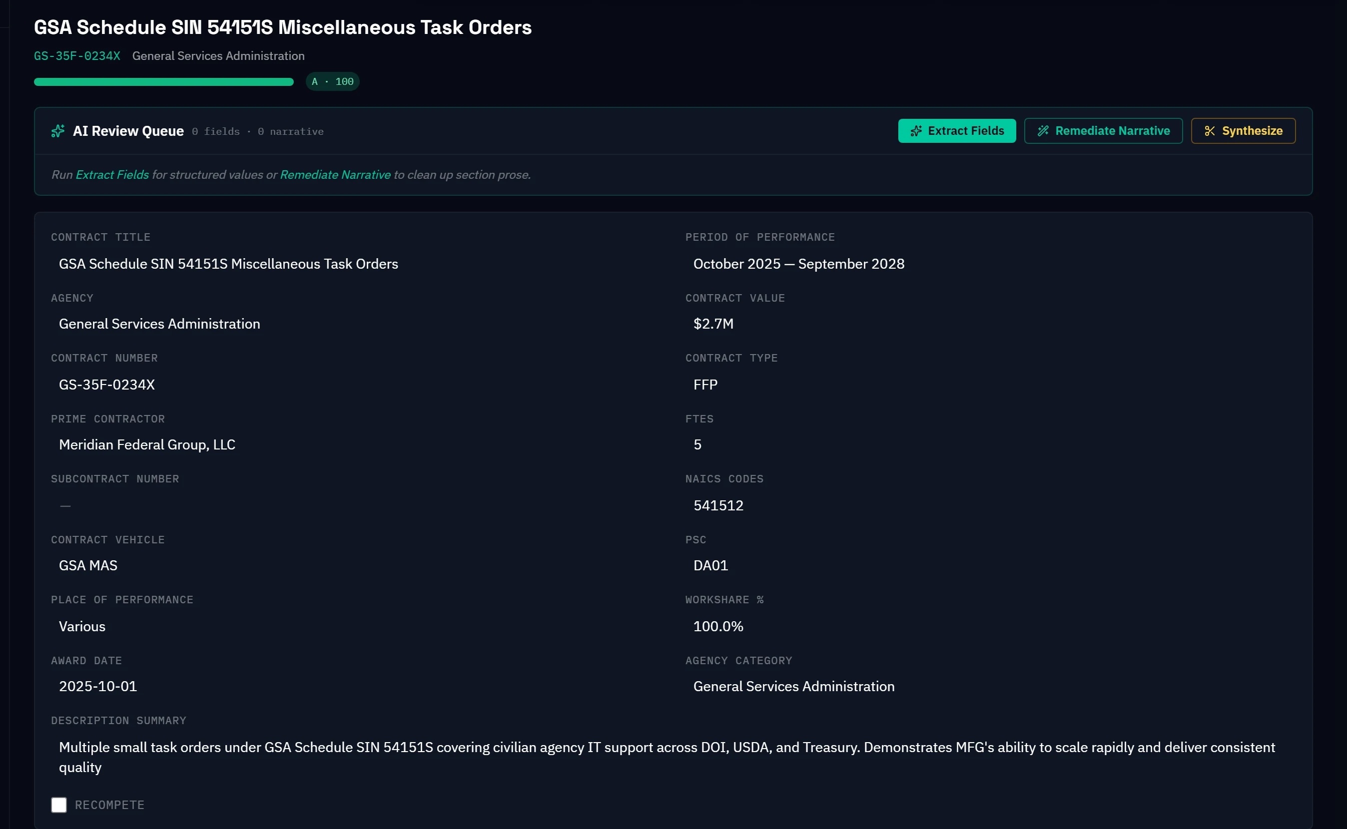 Arcvue past performance record: a GSA Schedule task-order contract scored A / 100 for completeness, with its period of performance, value, contract type, prime, FTEs, NAICS, PSC, place of performance, workshare and award date captured as structured fields alongside the narrative summary, and an AI review queue offering to extract fields or remediate the prose.